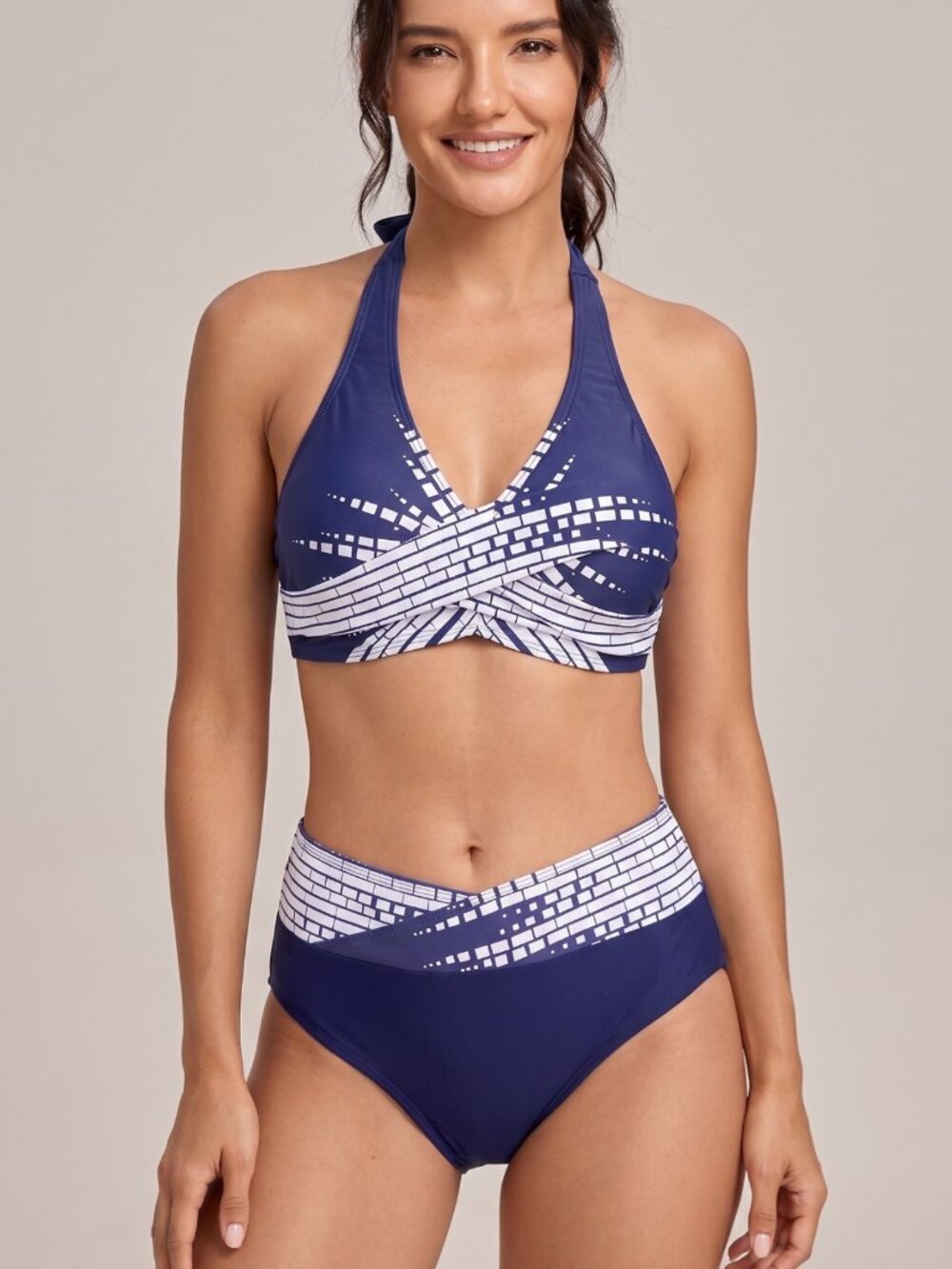 NWOT | Navy Blue Geometric Wrap Halter High Waisted Bikini Swimsuit Set | Medium